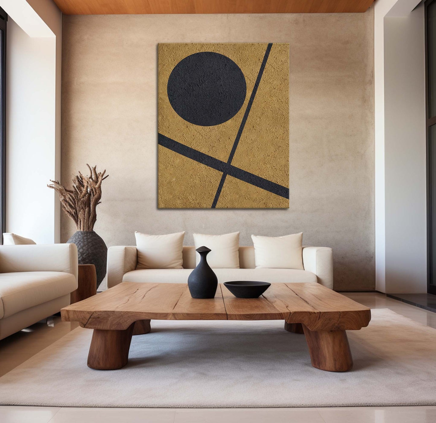 Elegant Black and Gold Abstract Minimalist Oil Painting for Modern Decor