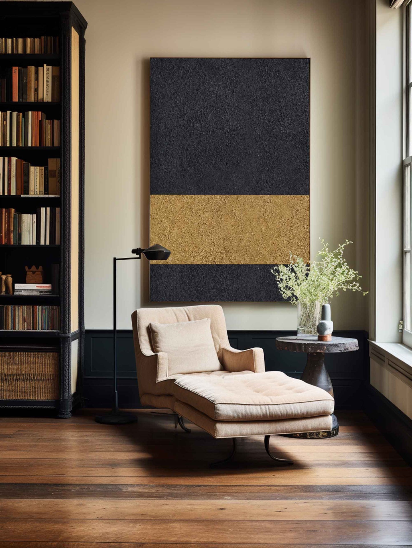 Elegant Black and Gold Abstract Minimalist Oil Painting for Modern Decor