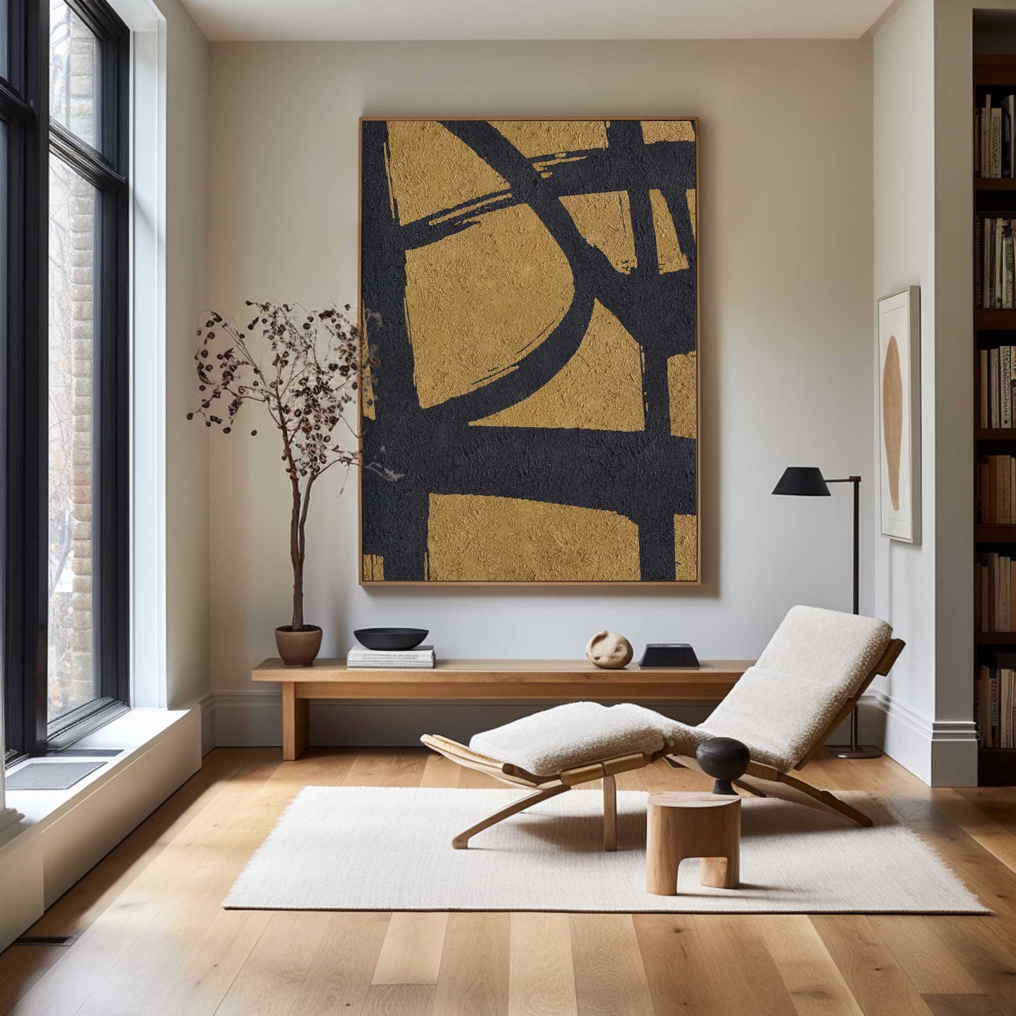 Gold and Black Abstract Minimalist Oil Painting for Modern Home Decor