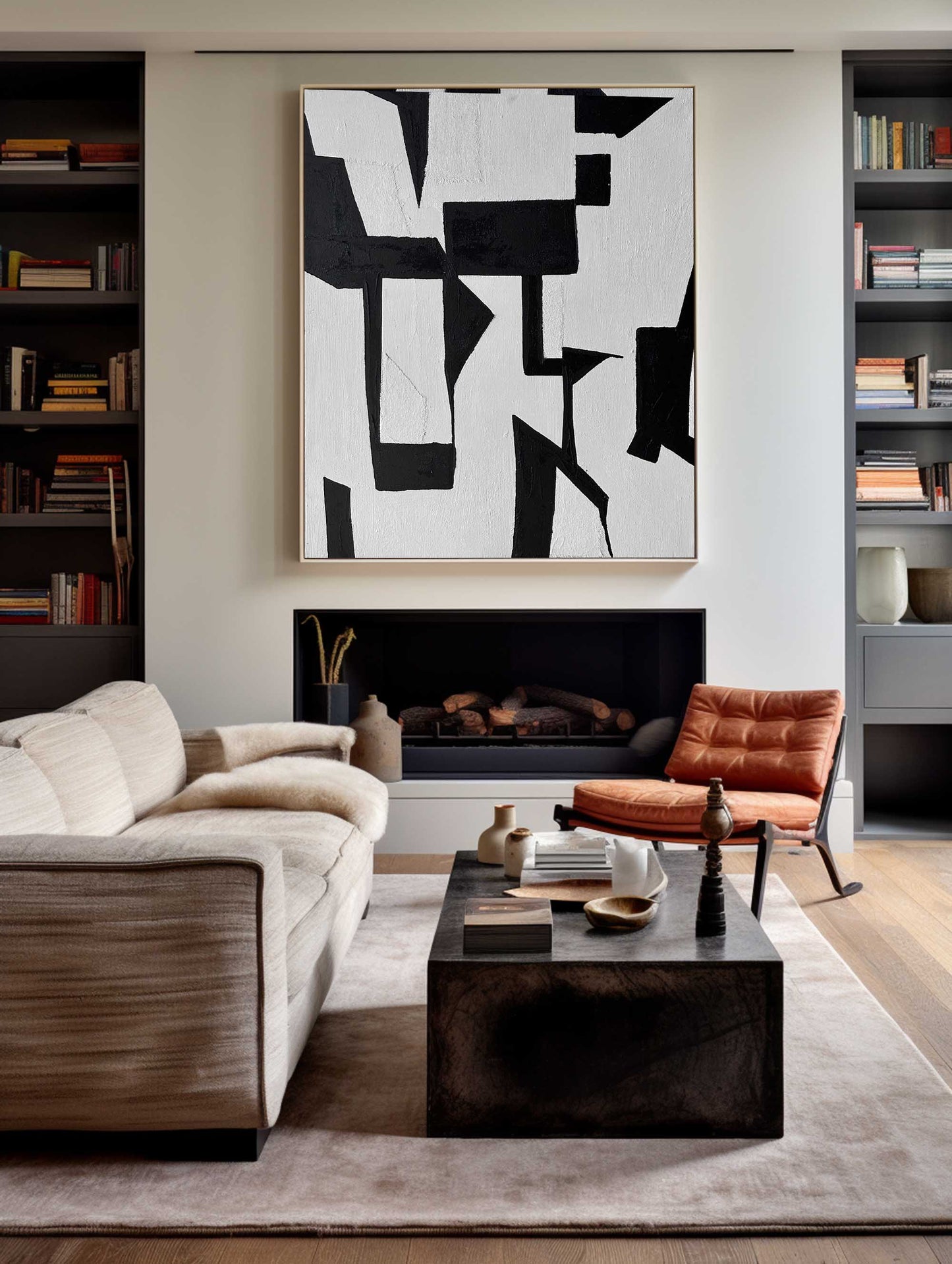 Bold Black and White Abstract Oil Painting for Modern Home Decor