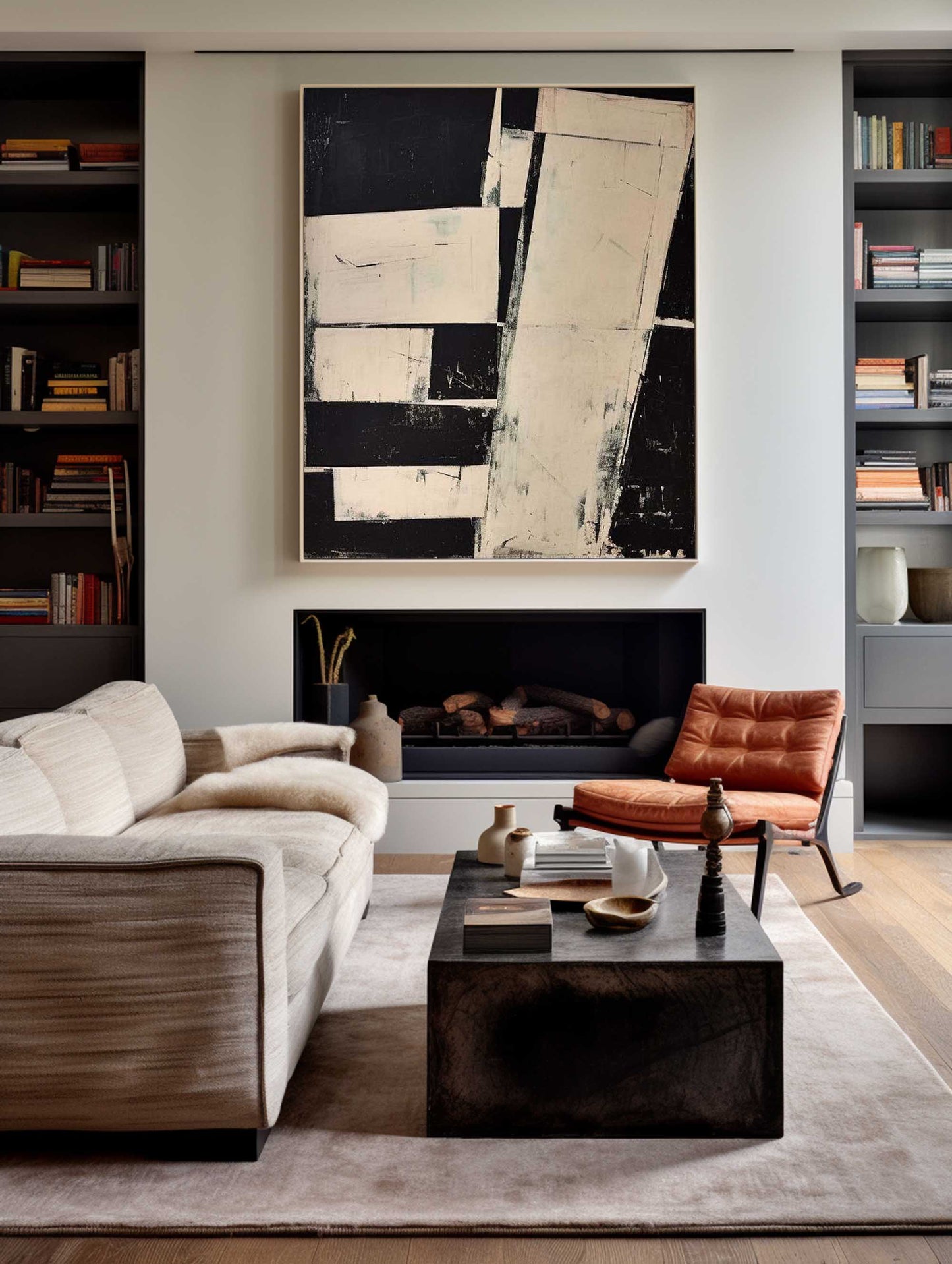 Contemporary Black and White Abstract Oil Painting for Modern Decor