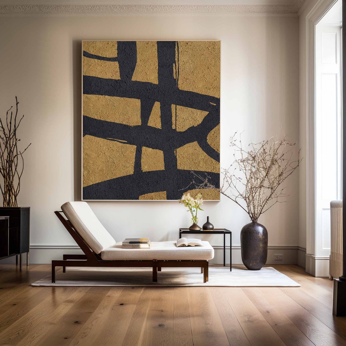Black Gold Abstract Minimalist Wall Art – Modern Aesthetic Home Decor Painting