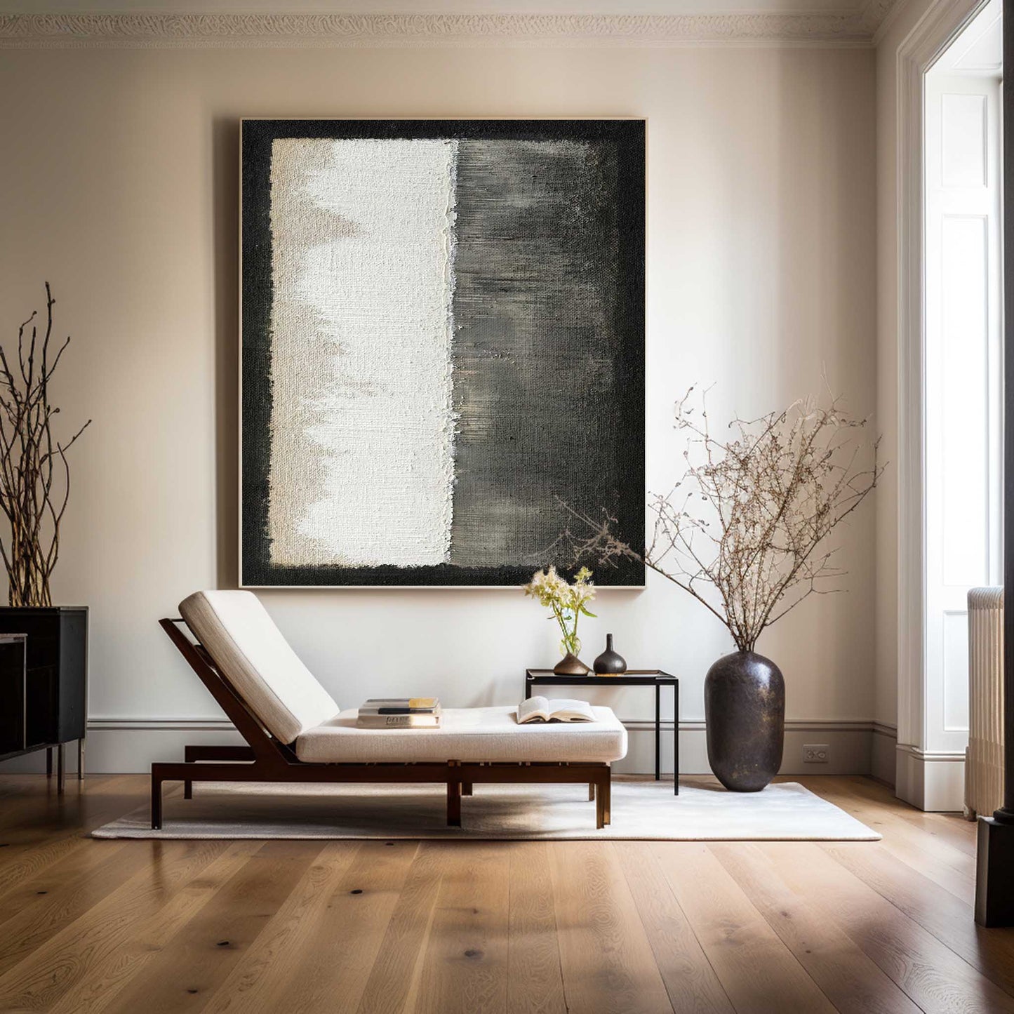 Contemporary Minimalist Oil Painting in Black and White for Modern Interiors