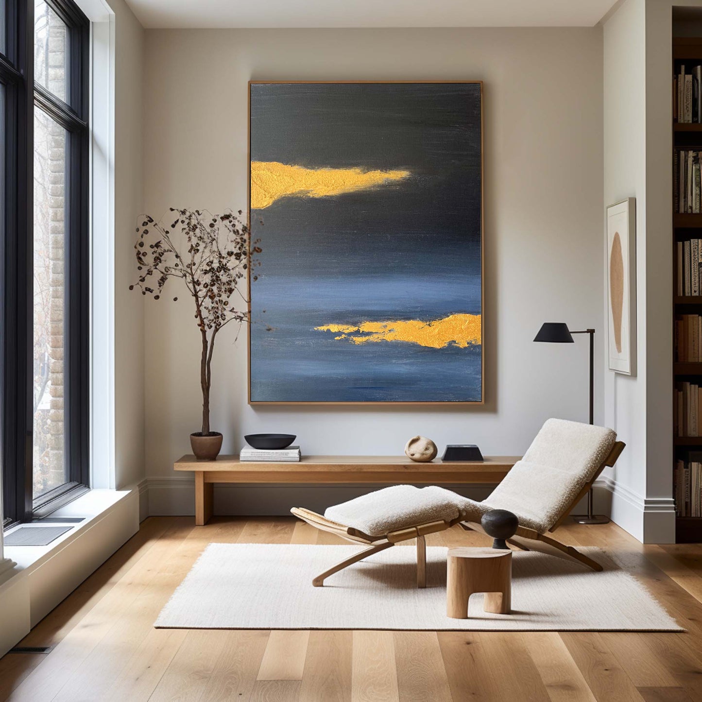 Contemporary Gold and Blue Abstract Oil Painting for Modern Home Decor