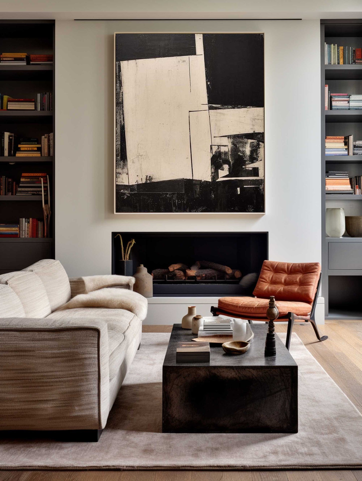 Contemporary Black and White Abstract Oil Painting for Modern Home Decor