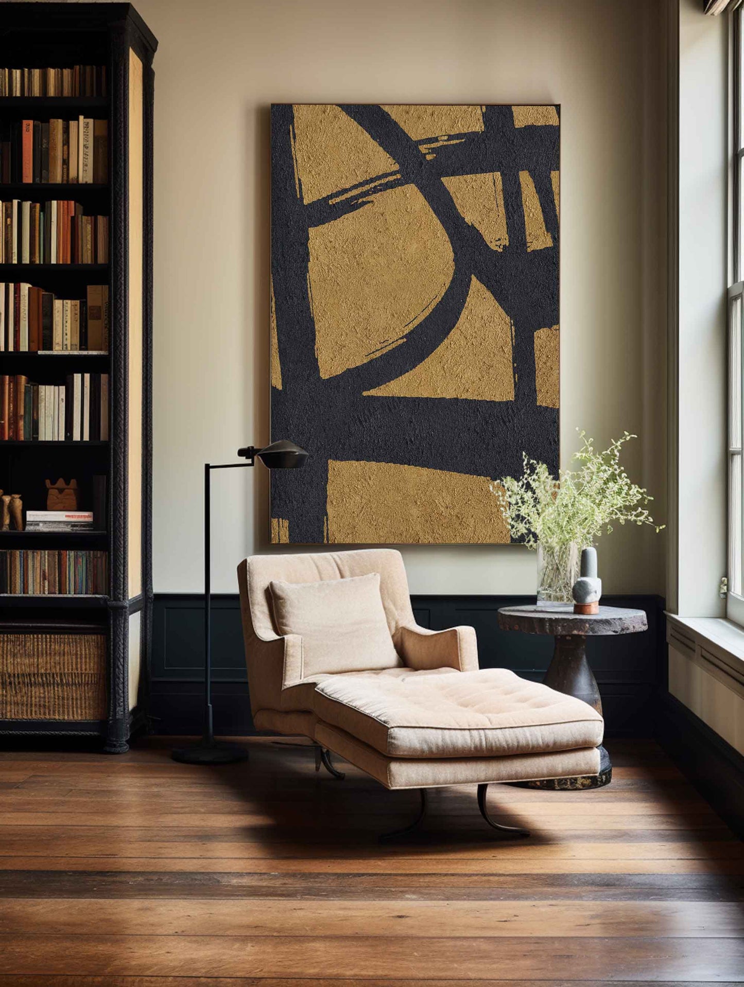 Gold and Black Abstract Minimalist Oil Painting for Modern Home Decor