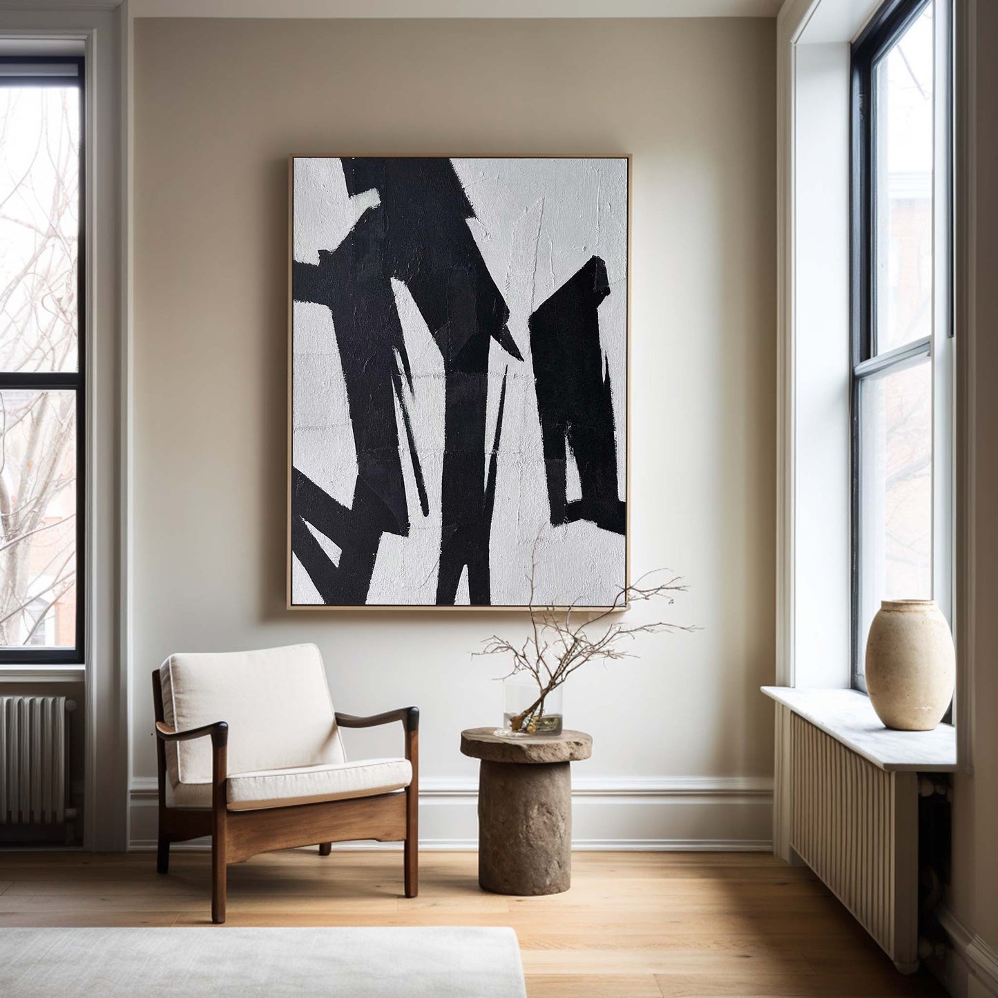 Bold Black and White Abstract Oil Painting for Modern Home Decor
