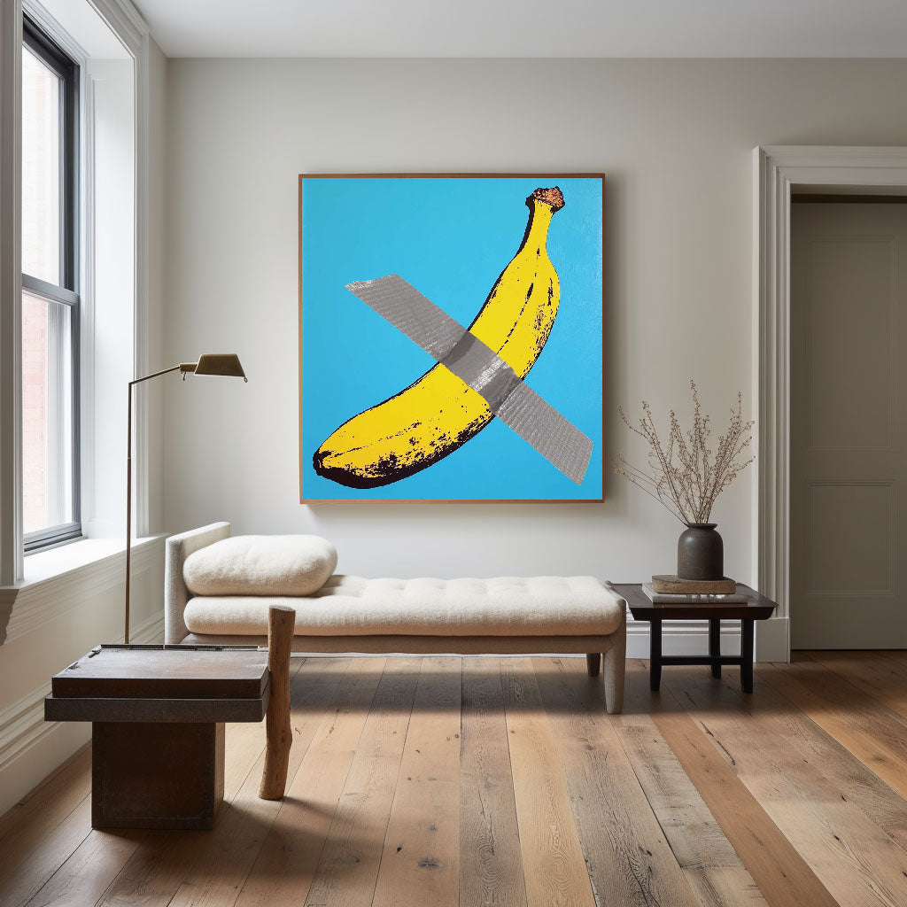 Colorful Banana Abstract Artwork with Tape on Vibrant Blue Canvas