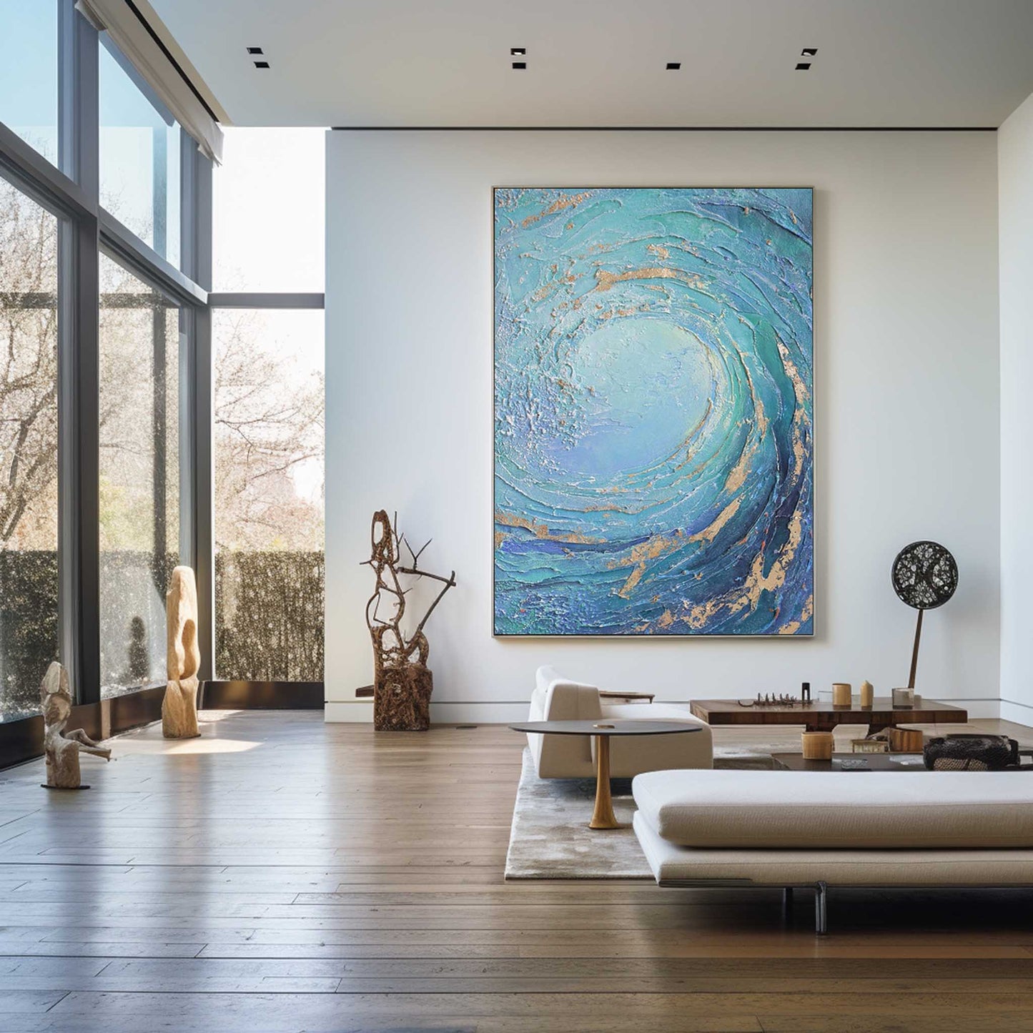 Dynamic Ocean Wave Oil Painting with Turquoise and Gold Accents