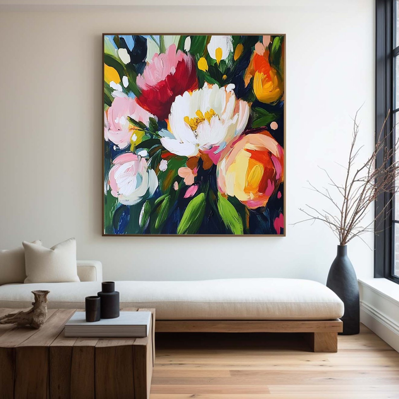 Vibrant Floral Oil Painting with Bold Colors and Modern Abstract Design