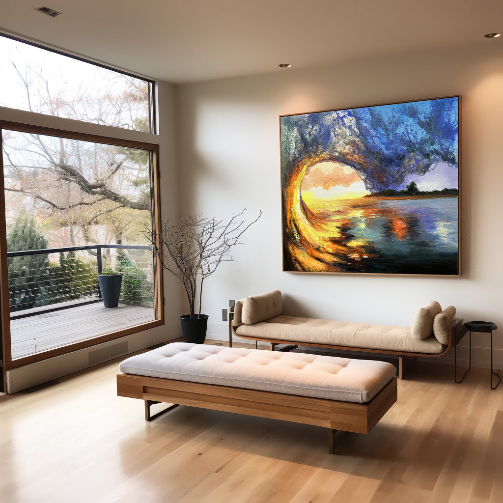 Vibrant Sunset Over Ocean Wave Landscape Oil Painting for Home Decor