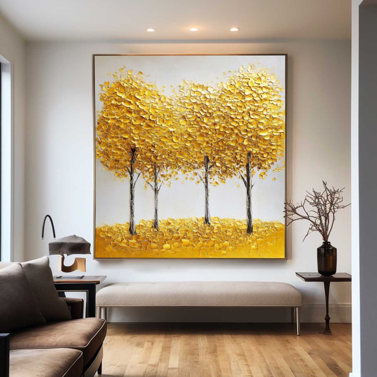 Vibrant Yellow Abstract Tree Landscape Oil Painting for Modern Home Decor