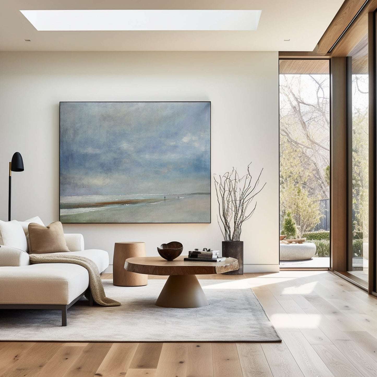 Serene Coastal Landscape Oil Painting - Tranquil Beach and Cloudy Sky Artwork