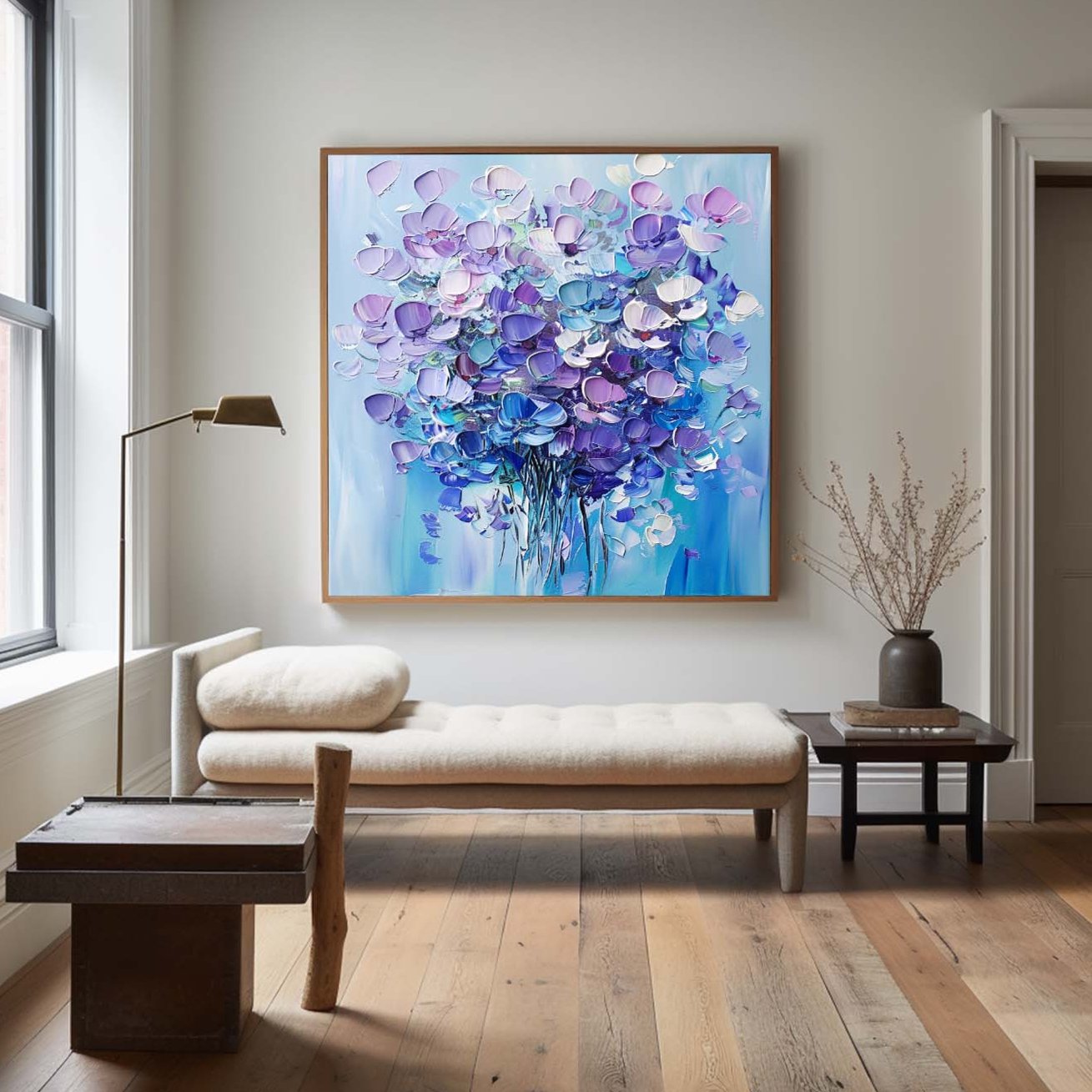 Vibrant Floral Abstract Oil Painting in Blue and Purple Tones for Modern Decor