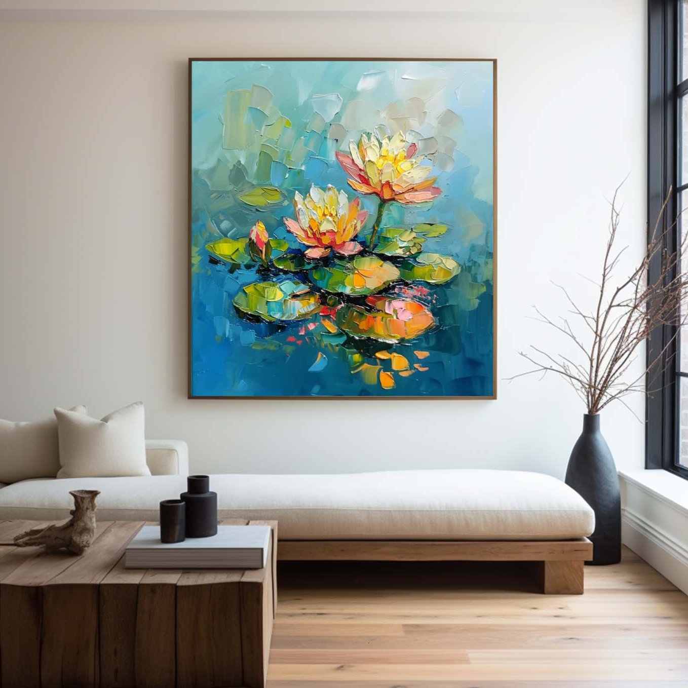 Vibrant Lotus Flowers Oil Painting on Blue Water – Modern Abstract Art Piece