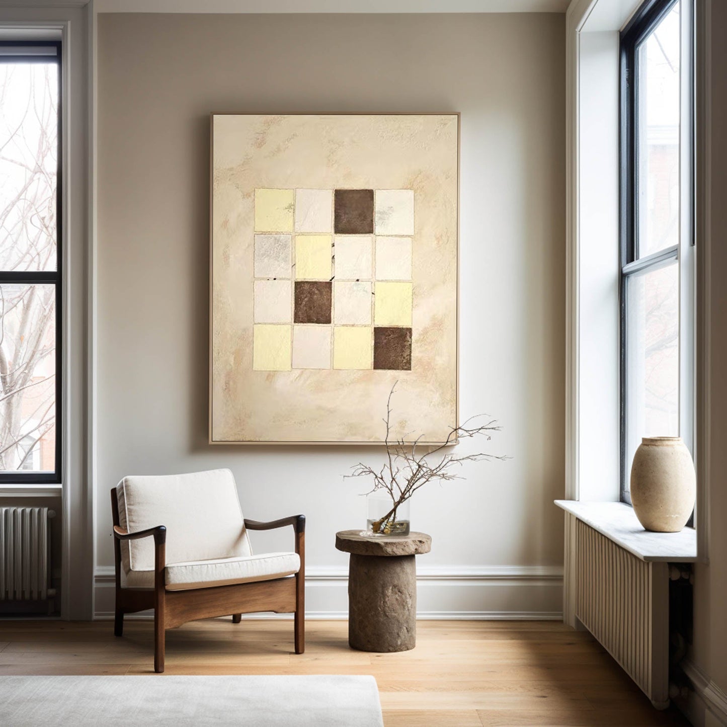 Elegant Beige Geometric Abstract Oil Painting for Modern Home Decor