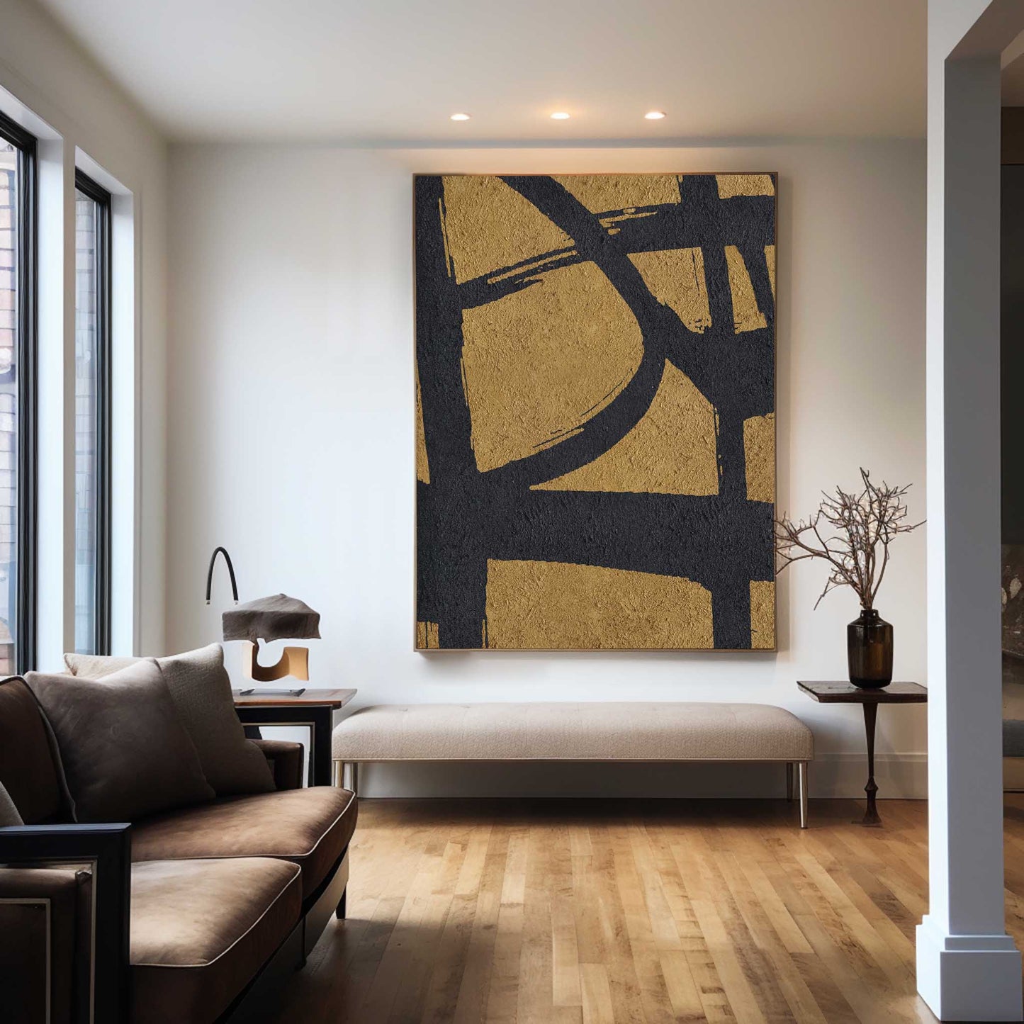 Gold and Black Abstract Minimalist Oil Painting for Modern Home Decor