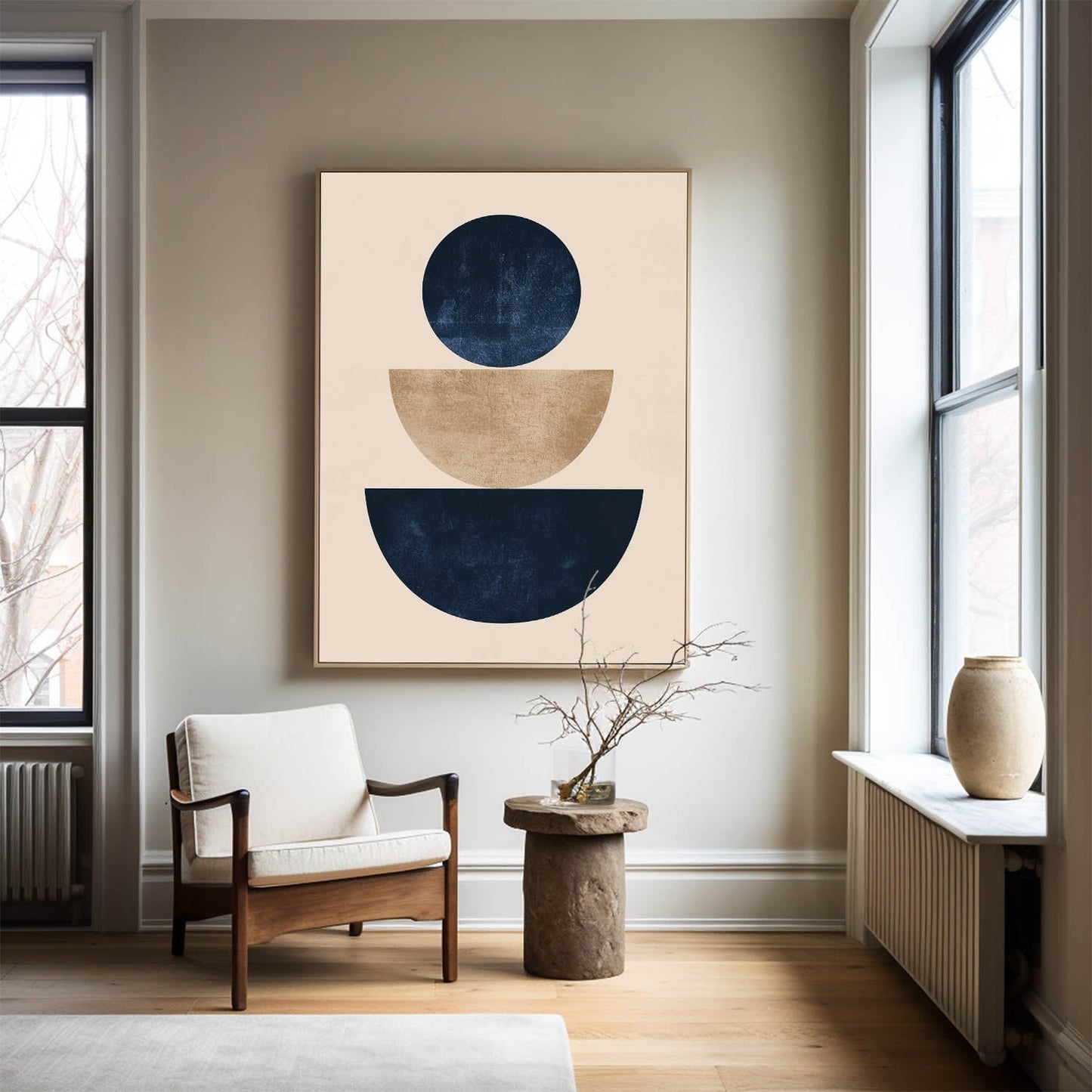 Contemporary Geometric Abstract Oil Painting with Bold Circular and Oval Shapes