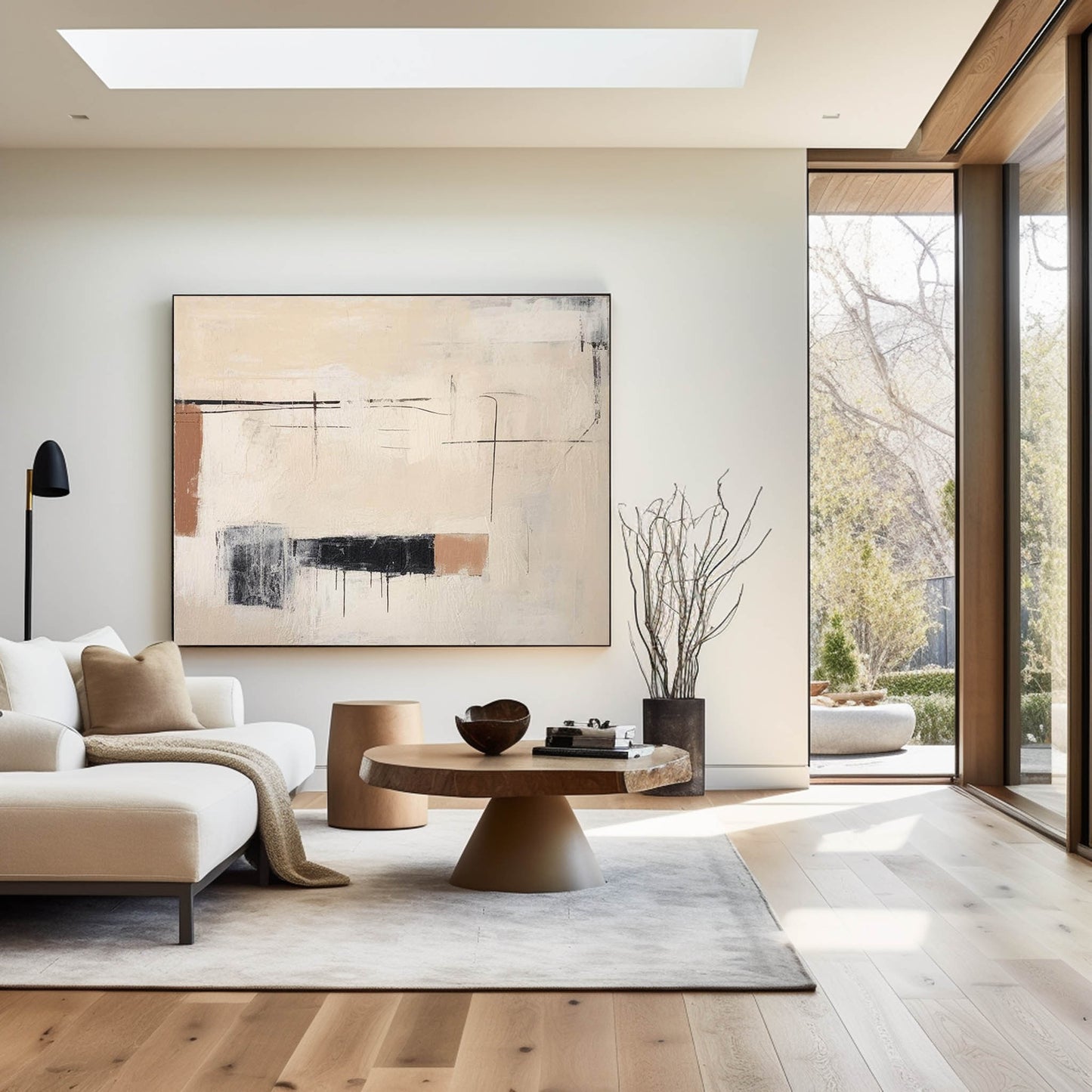 Contemporary Minimalist Oil Painting with Abstract Shapes and Neutral Tones