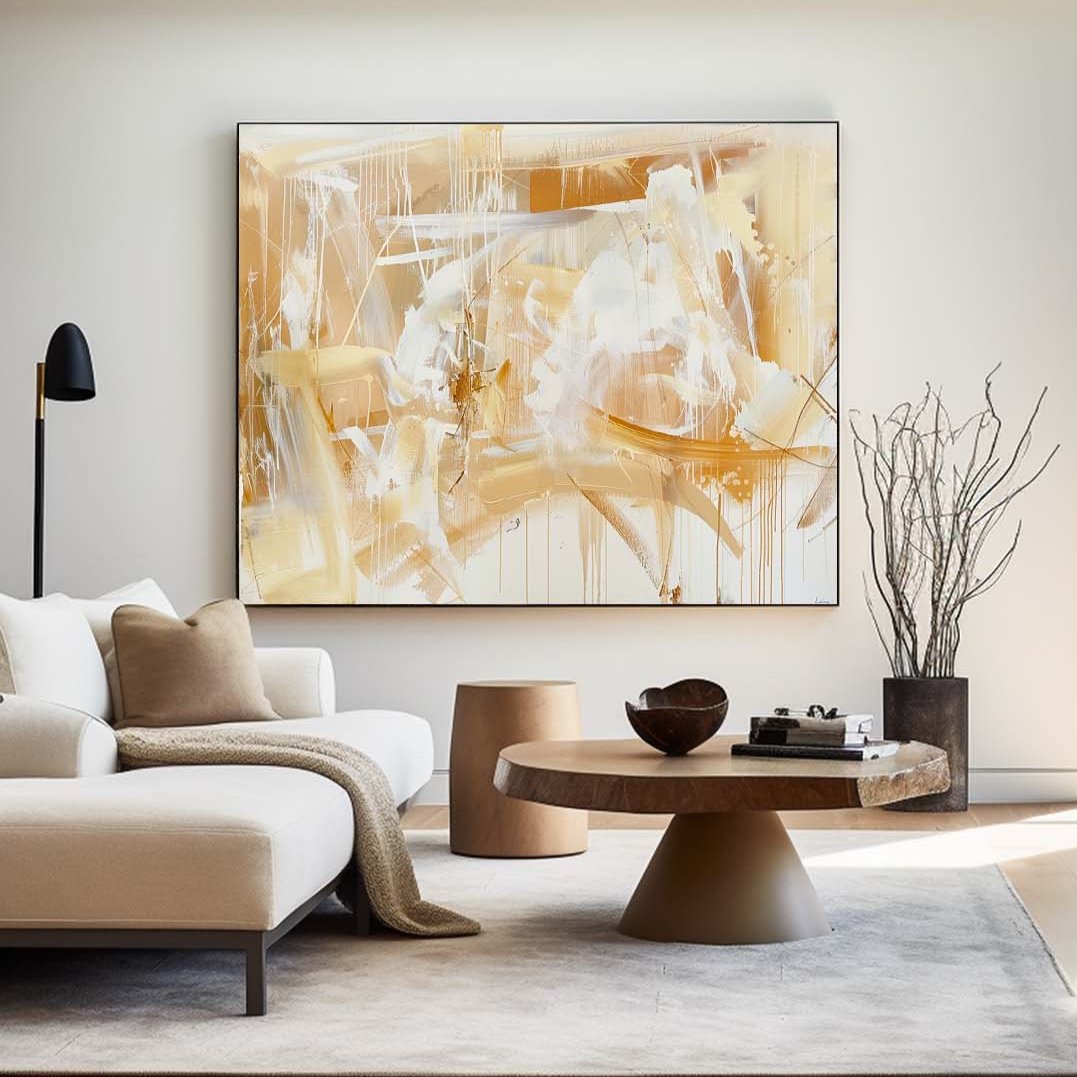 Contemporary Gold and White Abstract Oil Painting for Modern Home Decor