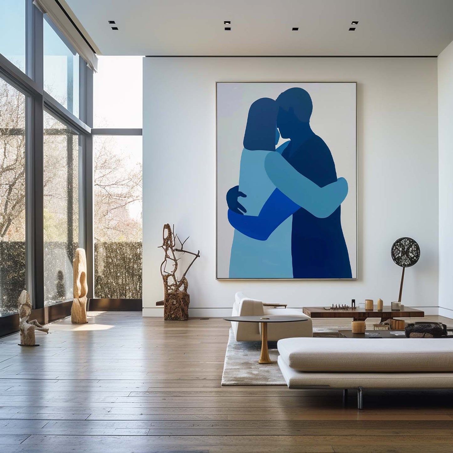 Contemporary Blue Abstract Couple Embrace Oil Painting