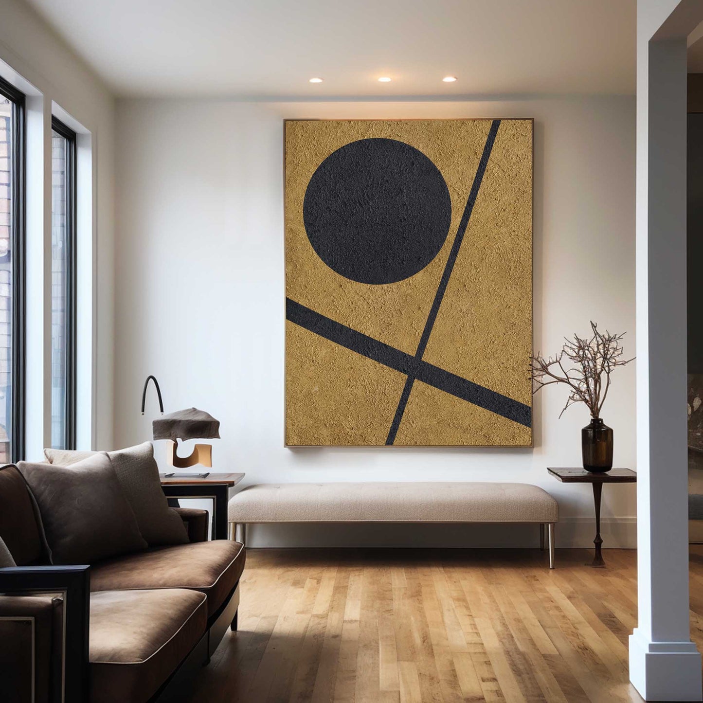 Elegant Black and Gold Abstract Minimalist Oil Painting for Modern Decor