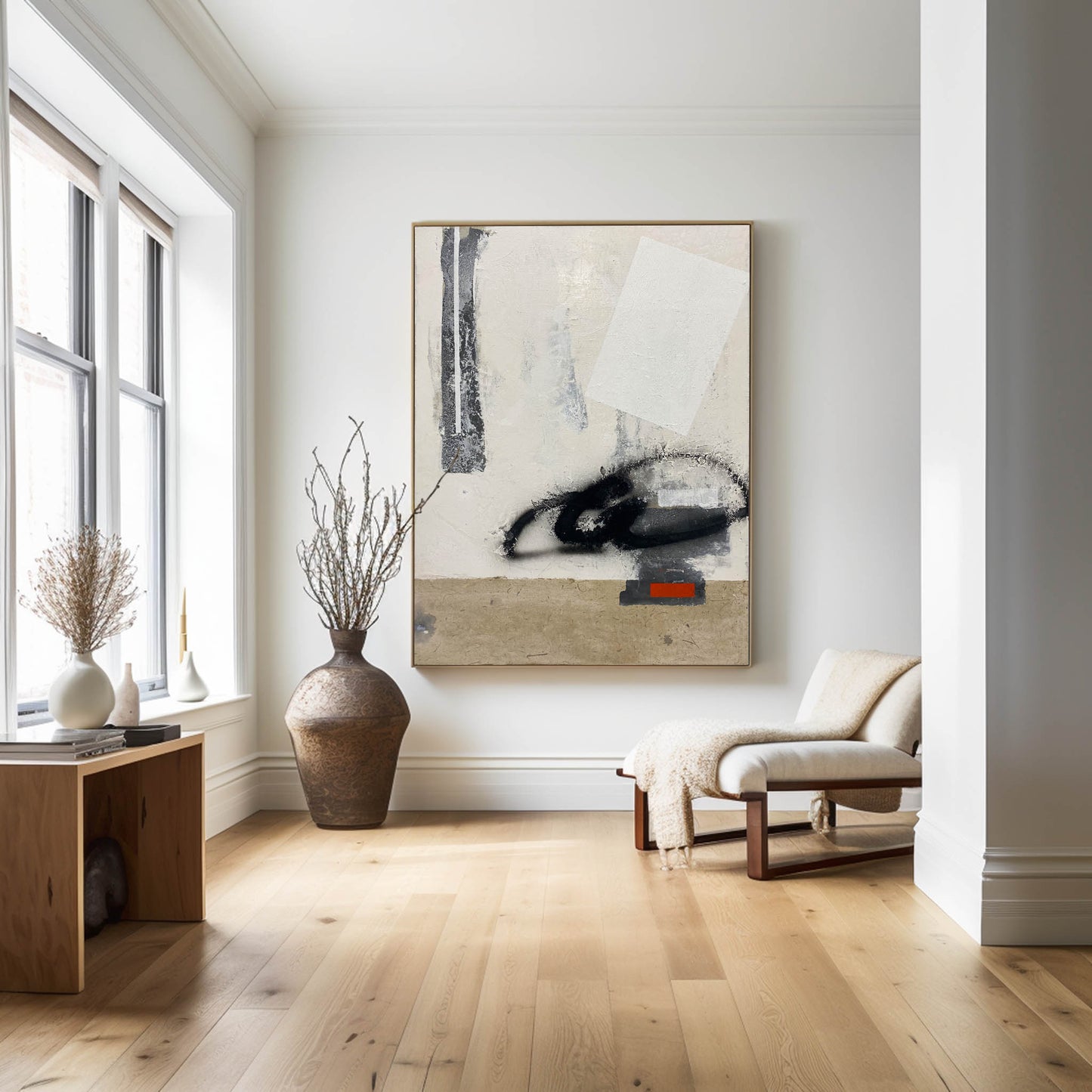 Contemporary Brown and White Abstract Oil Painting for Modern Home Decor