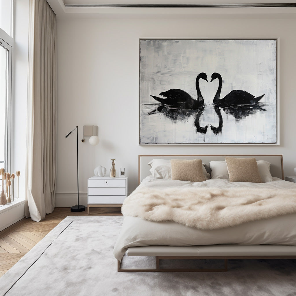Elegant Black Swans Reflecting on Serene Water - Modern Abstract Oil Painting