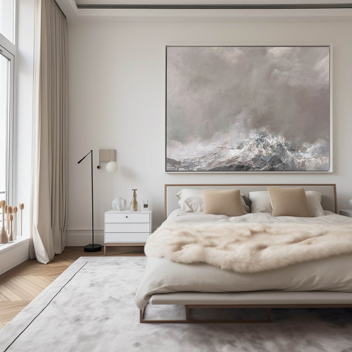 Contemporary Grey Abstract Landscape Oil Painting for Modern Home Decor