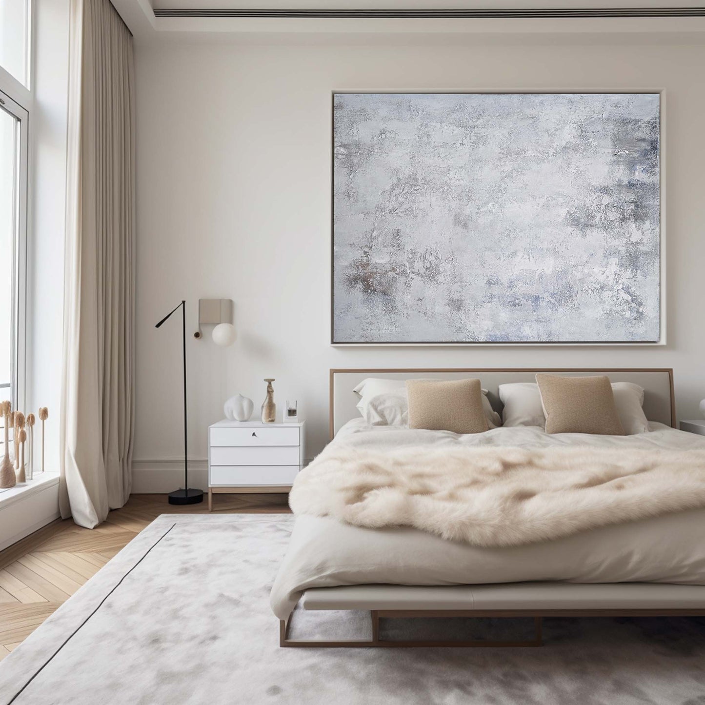 Modern Gray and White Abstract Oil Painting for Minimalist Home Decor