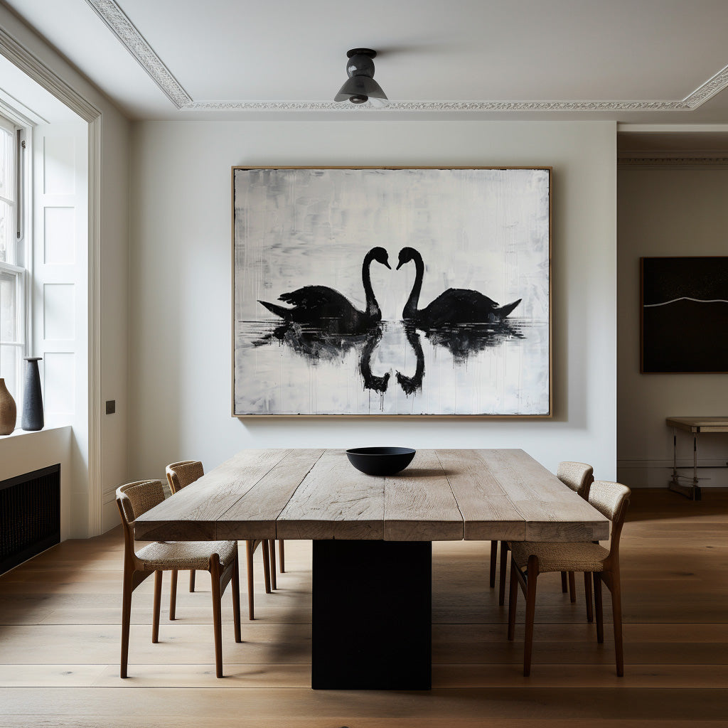 Elegant Black Swans Reflecting on Serene Water - Modern Abstract Oil Painting