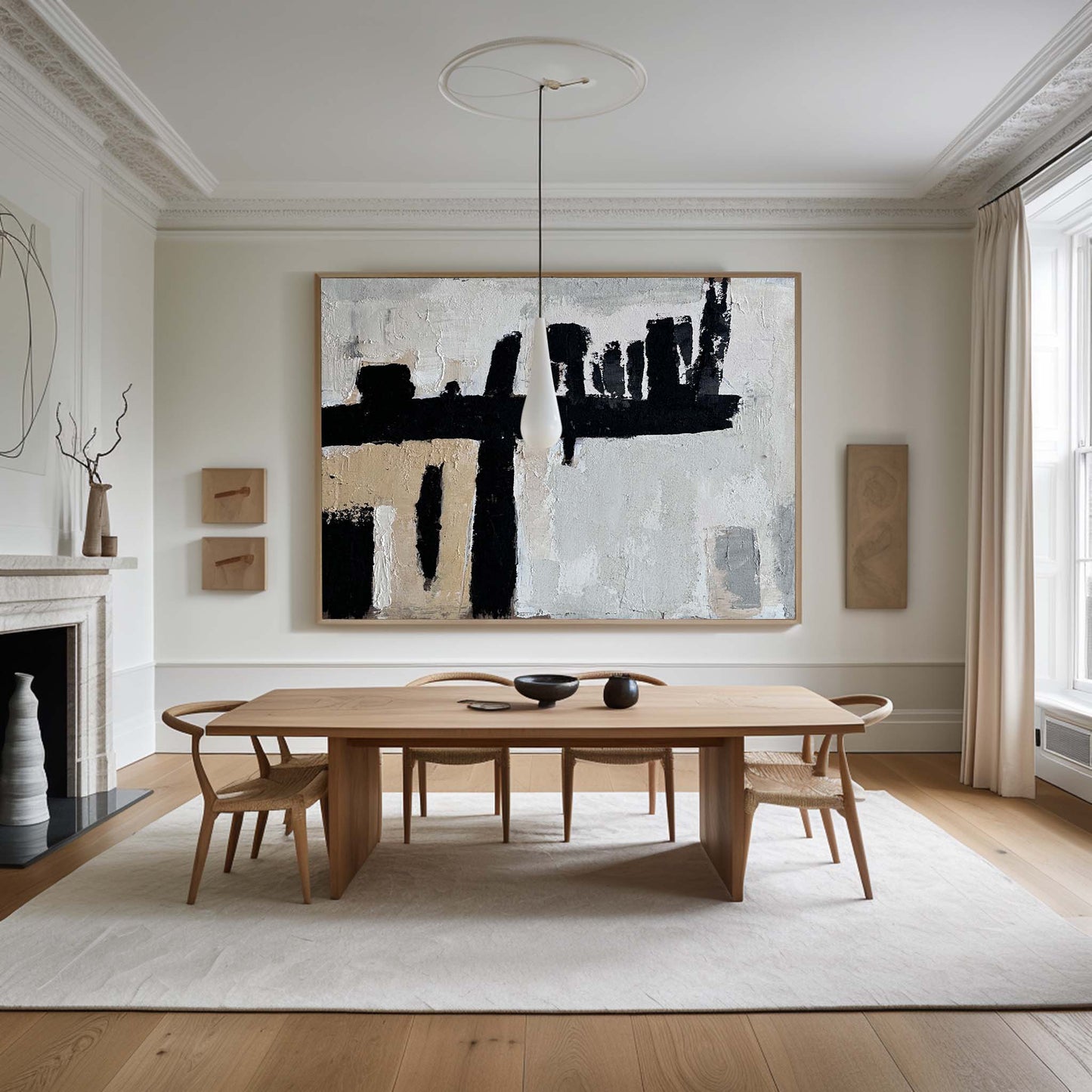 Abstract Wabi-Sabi Oil Painting in Black, White, and Beige for Modern Decor