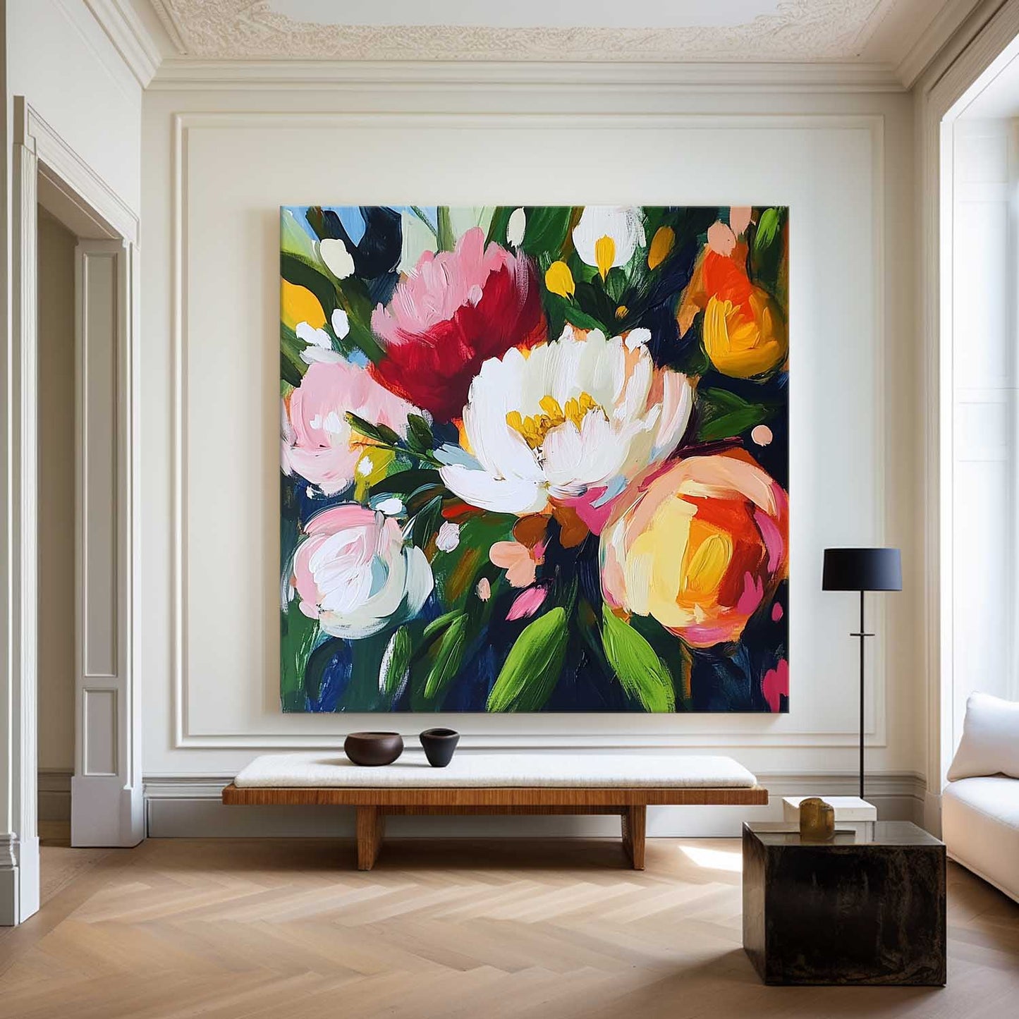 Vibrant Floral Oil Painting with Bold Colors and Modern Abstract Design