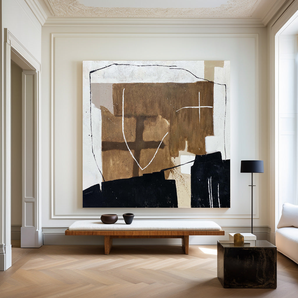 Contemporary Abstract Oil Painting with Bold Geometric Shapes and Earthy Tones