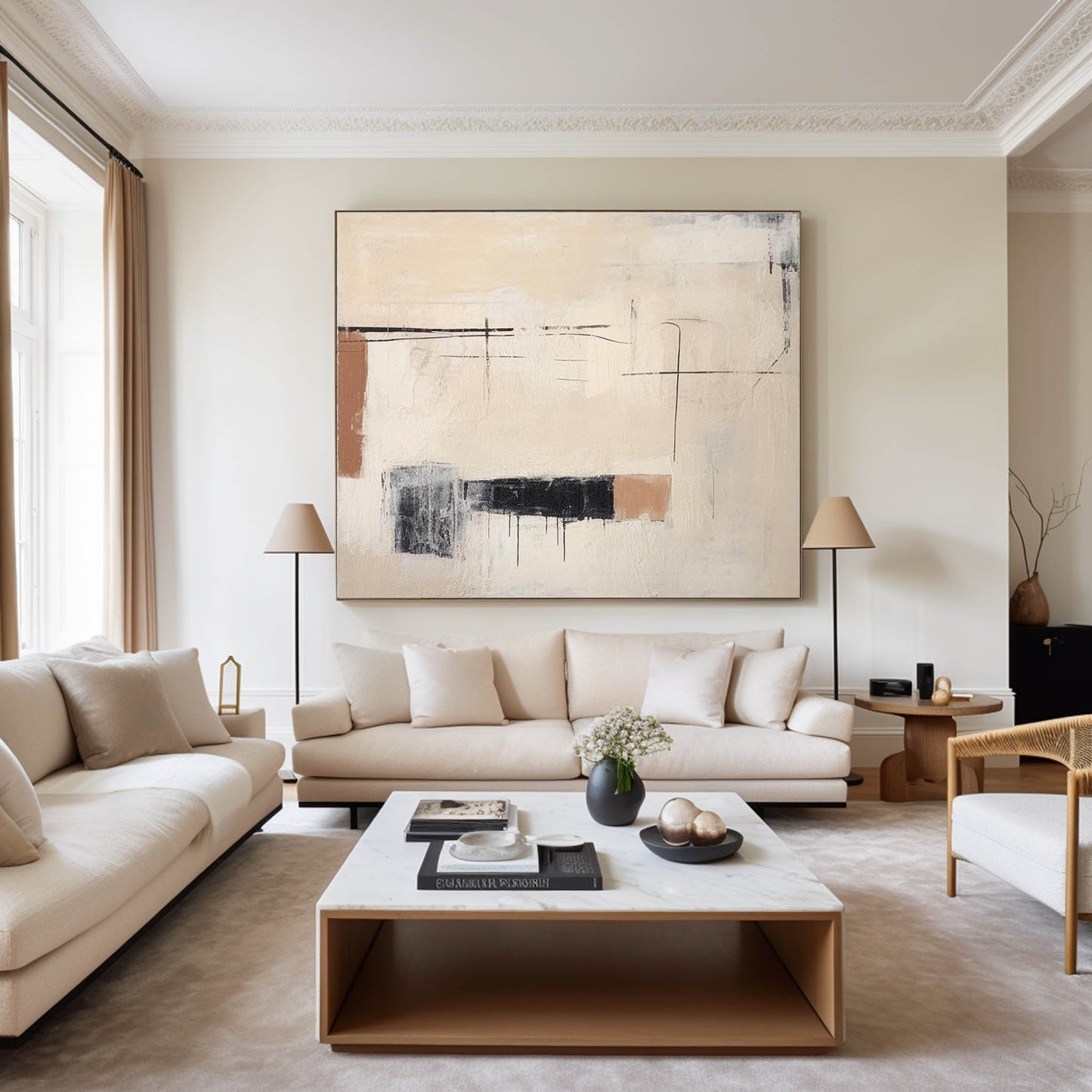 Contemporary Minimalist Oil Painting with Abstract Shapes and Neutral Tones