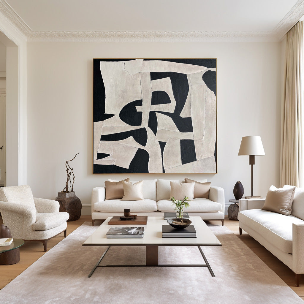 Chic Modern Abstract Oil Painting in Black and White for Stylish Home Décor