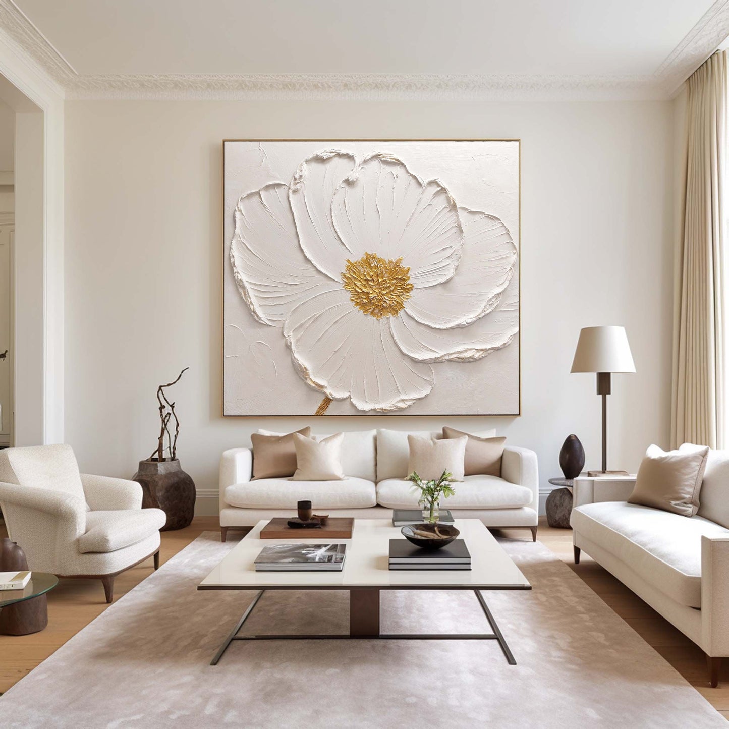 Elegant White Flower Oil Painting with Golden Details for Modern Decor