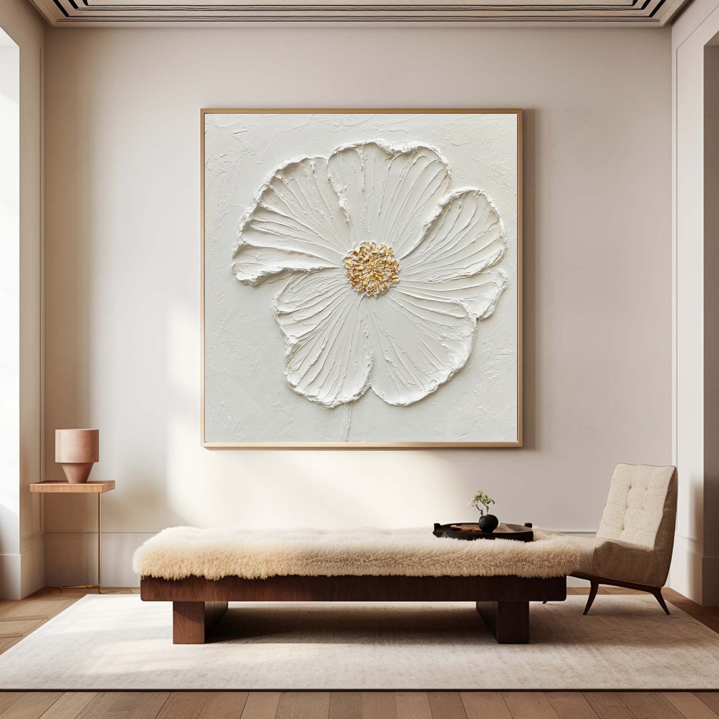 Elegant White Flower Oil Painting with Textured Petals and Gold Accents