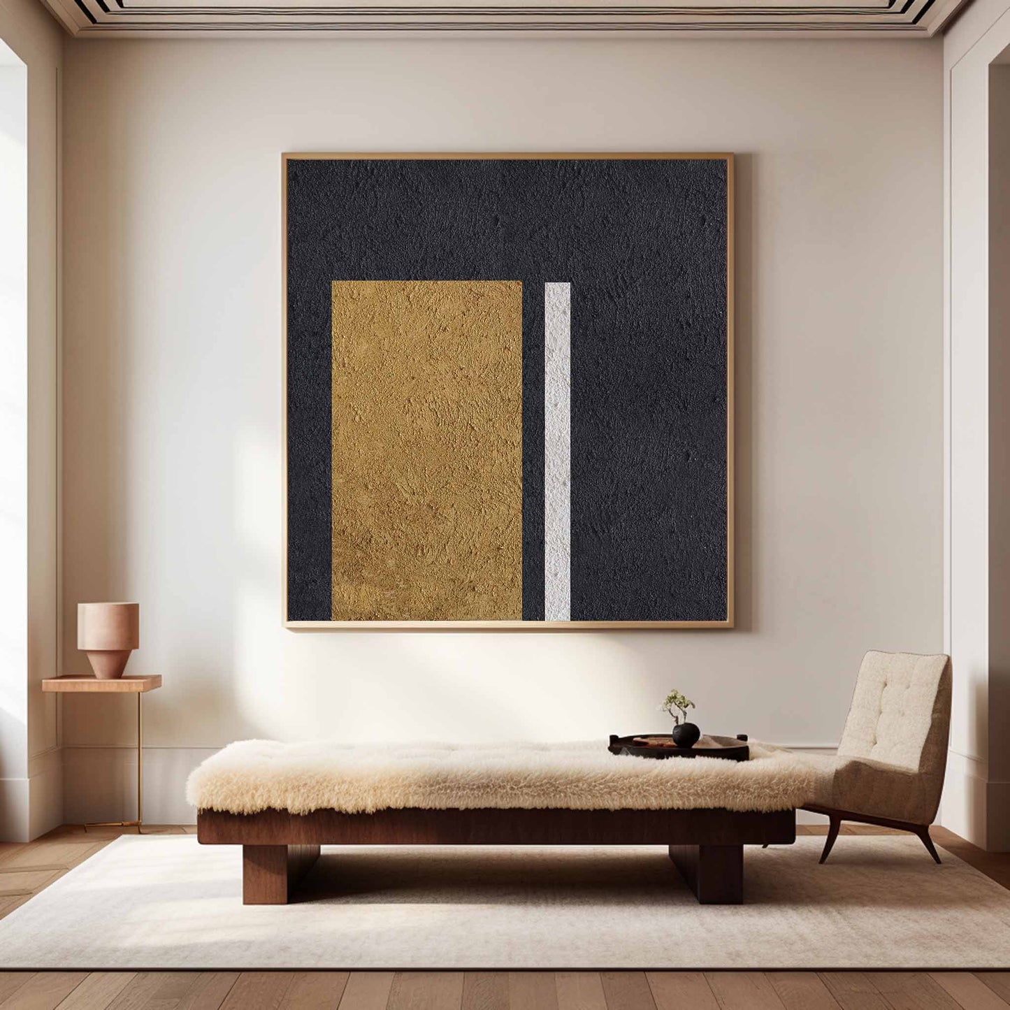 Elegant Black Gold White Minimalist Oil Painting for Modern Home Decor