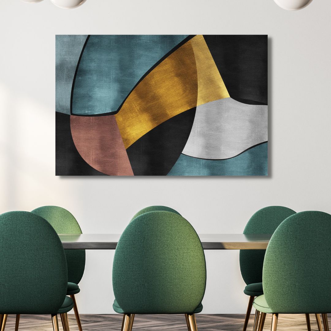 Geometric Abstract Oil Painting in Gold, Blue, and Gray for Modern Home Decor