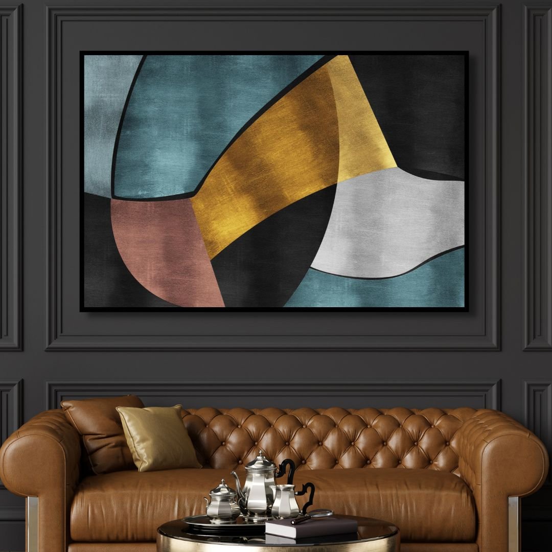 Geometric Abstract Oil Painting in Gold, Blue, and Gray for Modern Home Decor