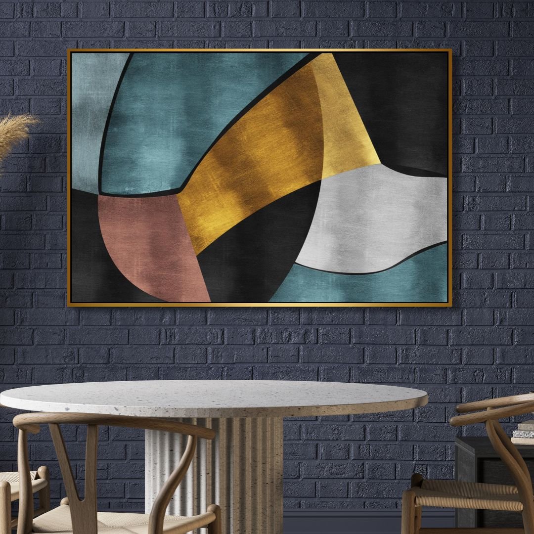 Geometric Abstract Oil Painting in Gold, Blue, and Gray for Modern Home Decor