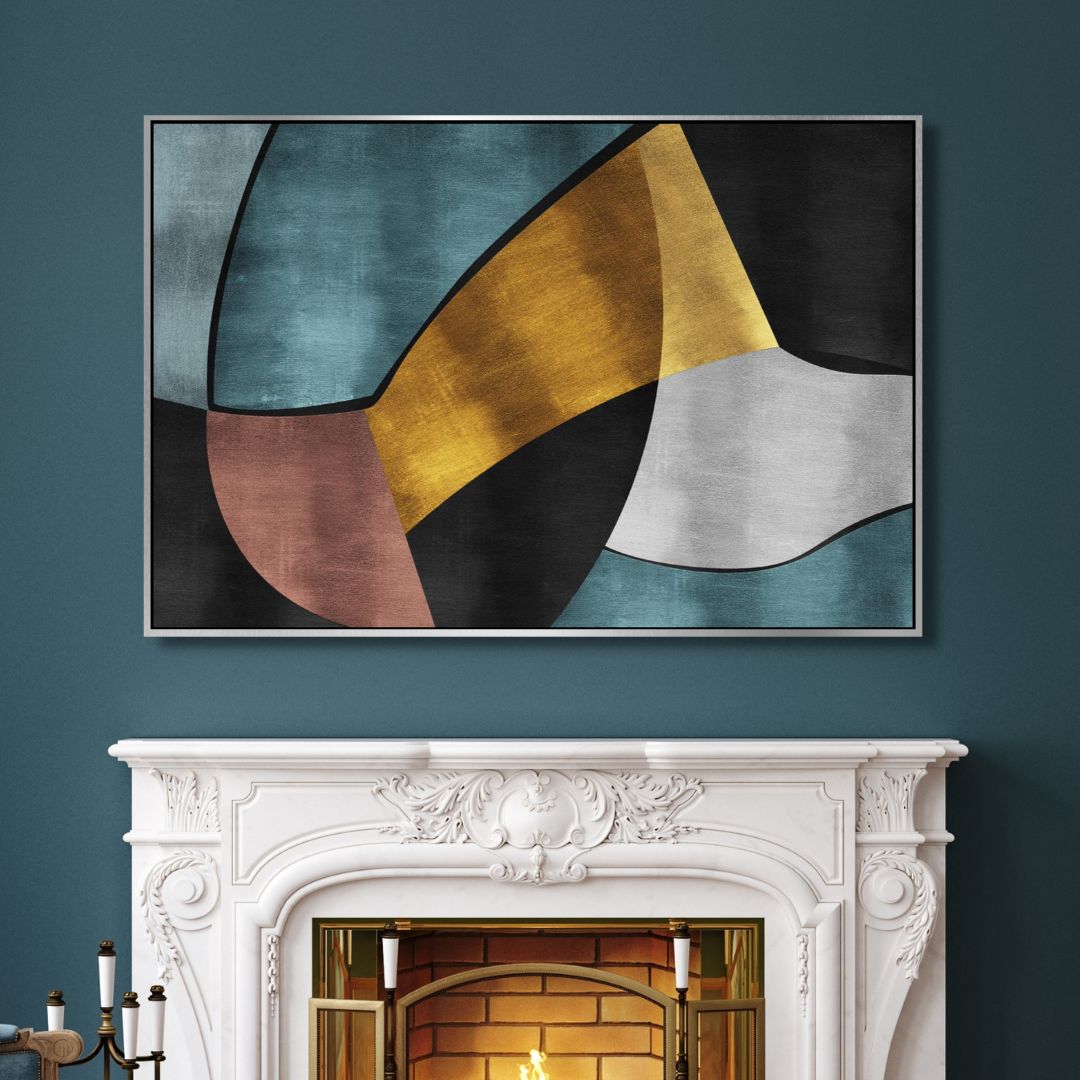 Geometric Abstract Oil Painting in Gold, Blue, and Gray for Modern Home Decor