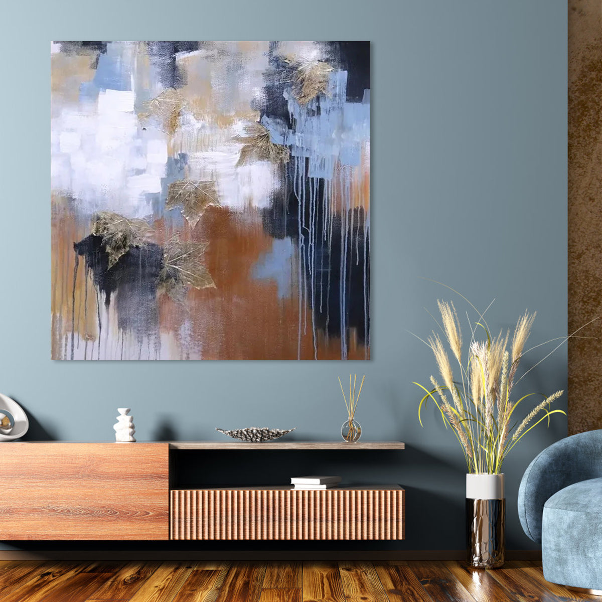 Elegant Abstract Oil Painting with Golden Accents for Modern Home Decor