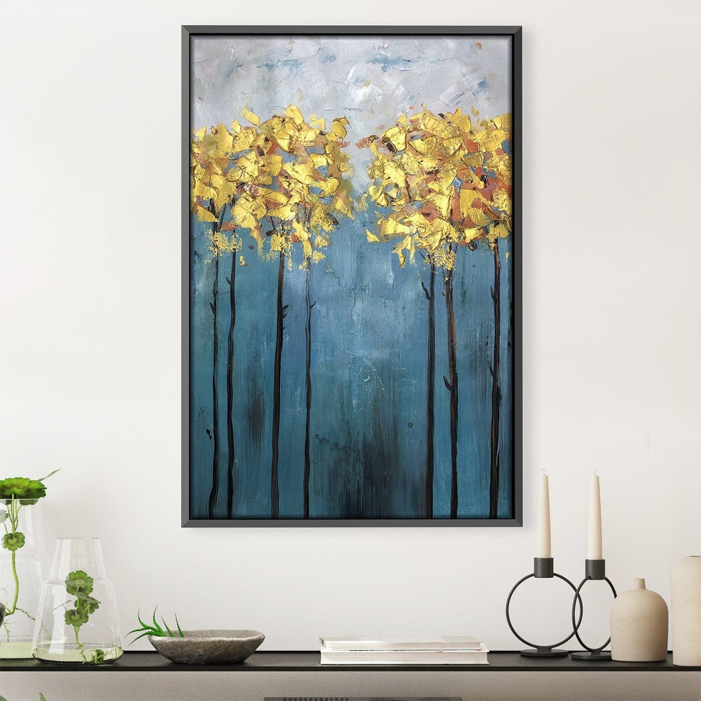 Elegant Gold Foil Floral Landscape Oil Painting for Modern Home Decor