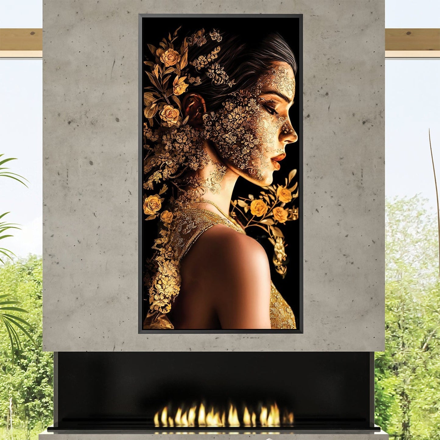 Elegant Golden Floral Portrait Oil Painting for Modern Decor