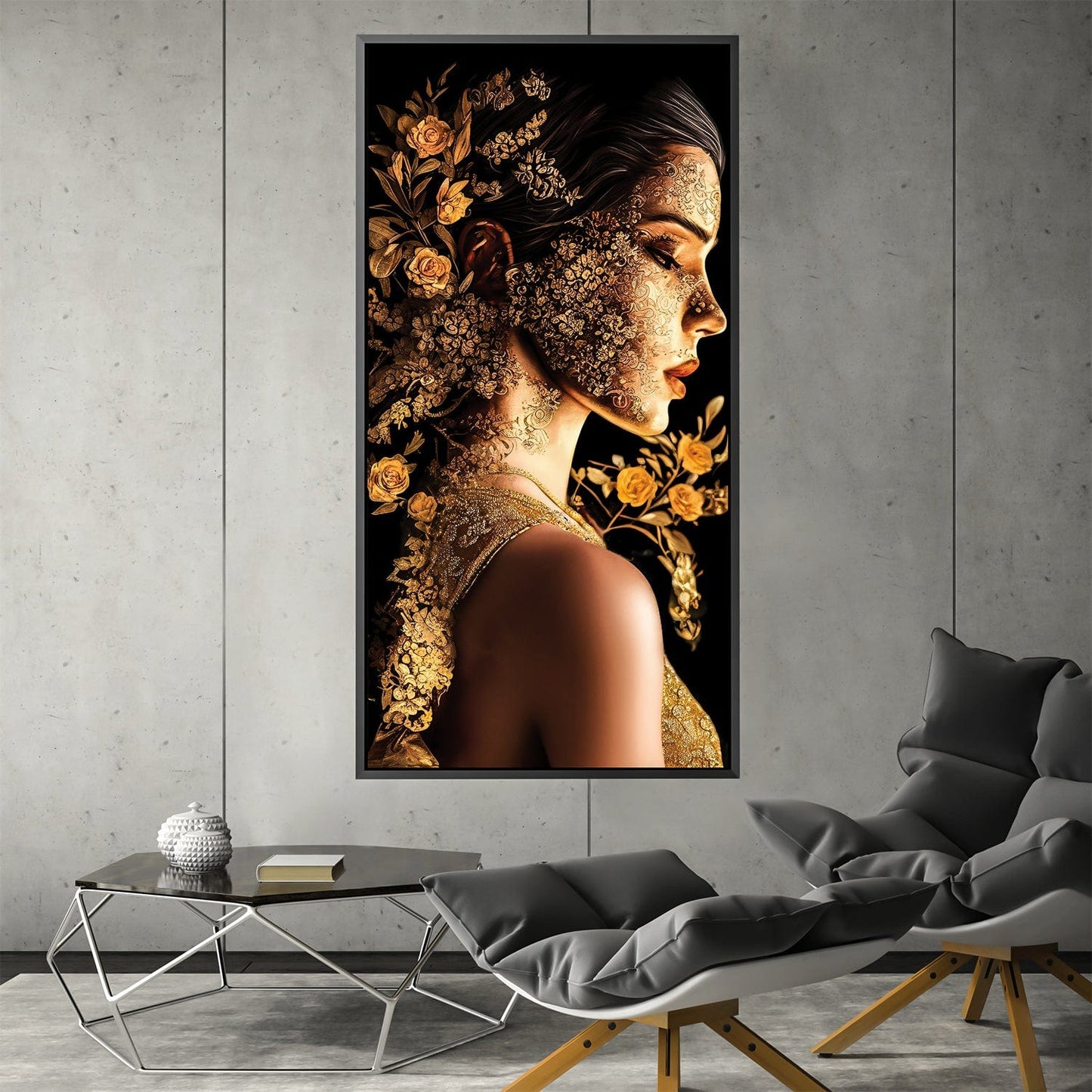 Elegant Golden Floral Portrait Oil Painting for Modern Decor