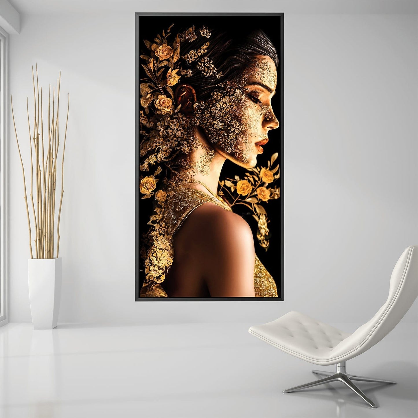 Elegant Golden Floral Portrait Oil Painting for Modern Decor
