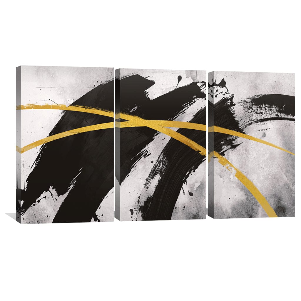Abstract Black and Gold Triptych Oil Painting for Modern Home Decor