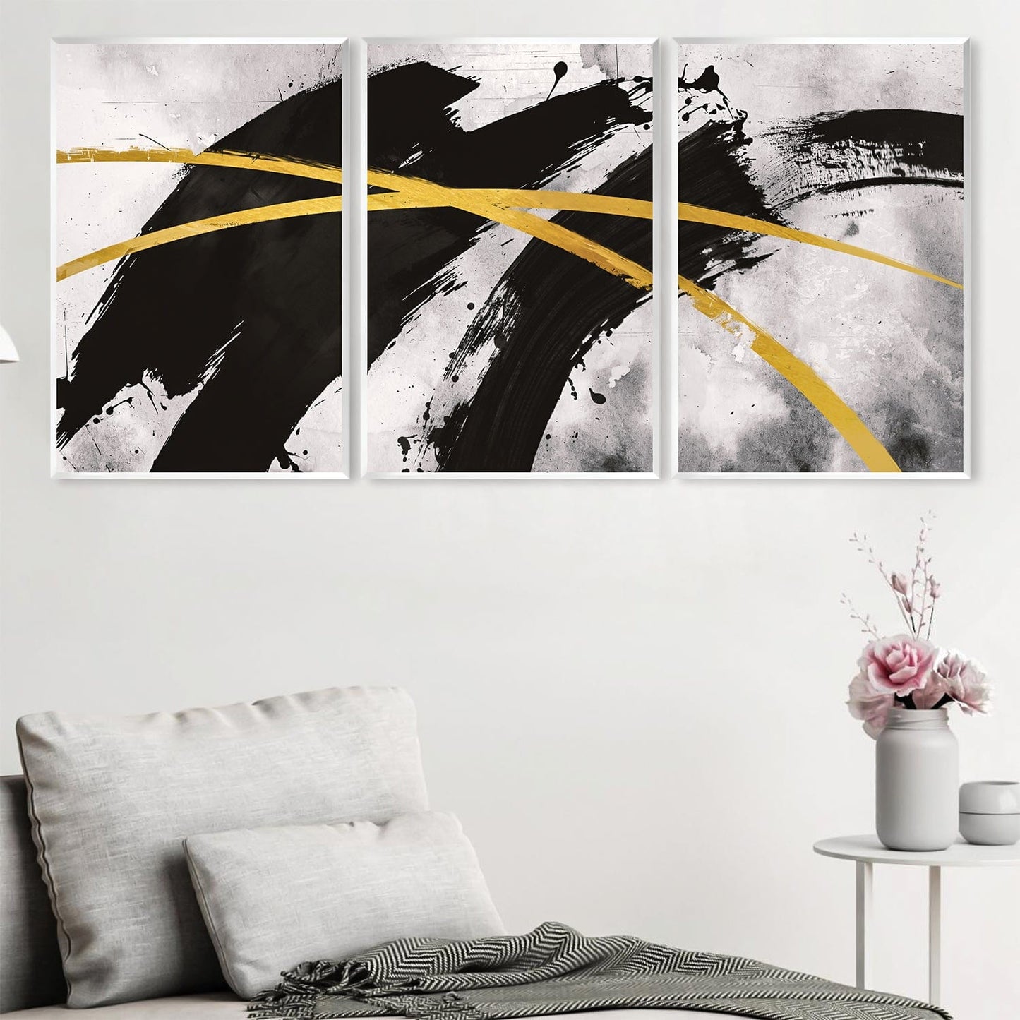 Abstract Black and Gold Triptych Oil Painting for Modern Home Decor